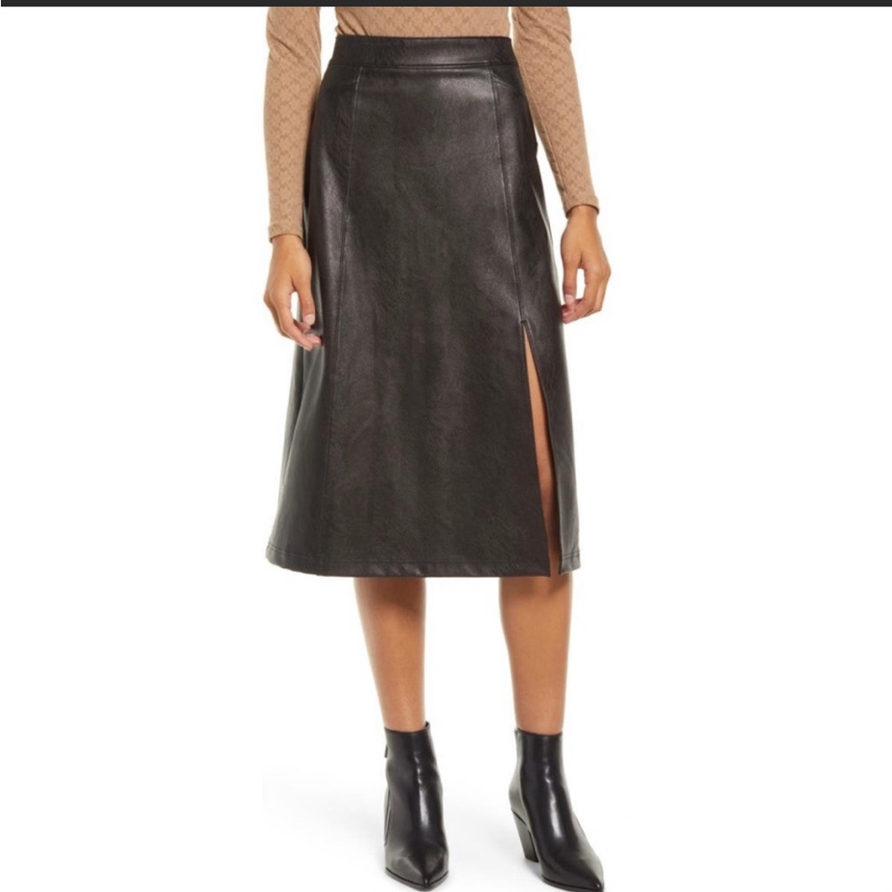 Spanx Faux Leather Pull-On Black XL Midi Slit Skirt Stretch